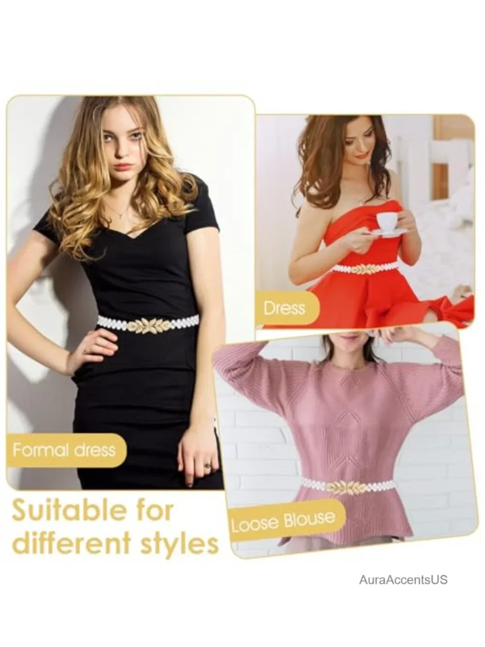 Chained Belt with Buckle, Pearl Elastic Waistband for Dresses and Skirts